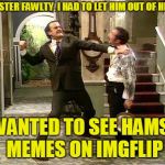 Hamster Weekend just wouldn't be complete without a reference to Manuel from Fawlty Towers | BUT MISTER FAWLTY, I HAD TO LET HIM OUT OF HIS CAGE; HE WANTED TO SEE HAMSTER MEMES ON IMGFLIP | image tagged in fawlty towers,memes,basil fawlty,manuel,hamster weekend,is not rat is hamster | made w/ Imgflip meme maker