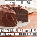 Chocolate Cake | HAPPY BIRTHDAY! BIRTHDAYS ARE JUST NATURES' WAY OF TELLING US WE NEED TO EAT MORE CAKE | image tagged in chocolate cake | made w/ Imgflip meme maker