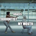 Just got my braces tightened :( | BRACES; ORTHODONTIST; MY MOUTH | image tagged in this is america,memes,funny,orthodontist,braces,dank memes | made w/ Imgflip meme maker