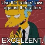 Justice is coming. | Use the traitors' laws against the traitors. EXCELLENT. | image tagged in mr burns excellent,patriot act,enemy combatant,enhanced interrogation,memes,qanon | made w/ Imgflip meme maker