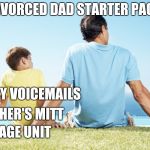 dad and son | DIVORCED DAD STARTER PACK; BEER; ANGRY VOICEMAILS; CATCHER'S MITT; STORAGE UNIT | image tagged in dad and son,dating | made w/ Imgflip meme maker