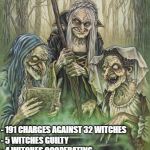 Macbeth Witches | WITCH HUNT STATUS; - 191 CHARGES AGAINST 32 WITCHES 
      - 5 WITCHES GUILTY                      - 4 WITCHES COOPERATING         - 2 WITCHES IN JAIL | image tagged in macbeth witches | made w/ Imgflip meme maker