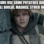 I Could Use Some | I COULD SURE USE SOME POTATOES RIGHT ABOUT NOW, ALL BOILED, MASHED, STUCK IN A STEW. | image tagged in crying samwise,potatoes,stew,lotr,taters,sam | made w/ Imgflip meme maker