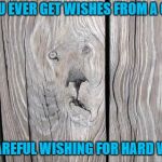 Always be careful what you wish for!!! | IF YOU EVER GET WISHES FROM A GENIE; BE CAREFUL WISHING FOR HARD WOOD | image tagged in face in wood grain,memes,wood,funny,genies,careful what you wish for | made w/ Imgflip meme maker