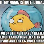 goldfish | NO!  MY NAME IS *NOT* DONALD! FOR ONE THING, I HAVE A BETTER MEMORY AND A LONGER ATTENTION SPAN!  AND THAT'S TWO THINGS. | image tagged in goldfish | made w/ Imgflip meme maker