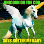 Unicorn on the cob  | UNICORN ON THE COB; SAYS BUTTER ME BABY | image tagged in unicorn on the cob | made w/ Imgflip meme maker