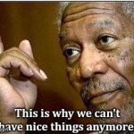 morgan freeman | This is why we can't have nice things anymore. | image tagged in morgan freeman | made w/ Imgflip meme maker