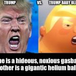 Trump vs. Trump Baby Blimp 1 | TRUMP                         VS.        TRUMP BABY BLIMP; One is a hideous, noxious gasbag. The other is a gigantic helium balloon. | image tagged in trump and trump baby blimp,helium,balloon,hideous,noxious,gasbag | made w/ Imgflip meme maker