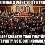 Congress | THESE CRIMINALS WANT YOU TO TRUST THEM; YOU ARE SMARTER THAN THAT, NEVER VOTE PARTY, VOTE OUT INCUMBENTS. | image tagged in congress | made w/ Imgflip meme maker