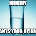 Half full, Half empty ? | NOBODY; WANTS YOUR OPINION | image tagged in half full half empty ? | made w/ Imgflip meme maker