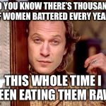 Ted Levine "Buffalo Bill" | DID YOU KNOW THERE’S THOUSANDS OF WOMEN BATTERED EVERY YEAR? THIS WHOLE TIME I BEEN EATING THEM RAW! | image tagged in ted levine buffalo bill | made w/ Imgflip meme maker