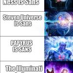 From: Kenneth3 To: People Who Make Crappy Theories On Who Sans Is | Sans is his own character and not related to any other character in any other series; Ness is Sans; Steven Universe is Sans; PAPYRUS IS SANS; The Illuminati Is Sans; i'm sans | image tagged in expanding brain 6-panel,sans | made w/ Imgflip meme maker