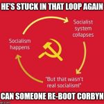 Re-Boot Corbyn | HE'S STUCK IN THAT LOOP AGAIN; CAN SOMEONE RE-BOOT CORBYN | image tagged in corbyn eww,communism socialism,momentum students,funny,wearecorbyn,labourisdead | made w/ Imgflip meme maker