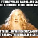 you shall not pass | WHAT IF THERE WAS NO BALROG, AND GANDALF WAS JUST STONED OUT OF HIS GOURD AS USUAL? AND THE FELLOWSHIP KNEW IT, AND WERE JUST SHAKING THEIR HEADS IN DISBELIEF? | image tagged in you shall not pass | made w/ Imgflip meme maker