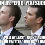 Don Jr. and Eric Trump | DON JR. "ERIC, YOU SUCK."; ERIC :" WELL AT LEAST I DIDN'T ADMIT TO TREASON ON TWITTER." DON JR.: " I HATE YOU." | image tagged in don jr and eric trump | made w/ Imgflip meme maker
