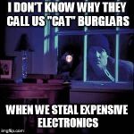 Burglar  | I DON'T KNOW WHY THEY CALL US "CAT" BURGLARS; WHEN WE STEAL EXPENSIVE ELECTRONICS | image tagged in burglar | made w/ Imgflip meme maker