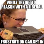 But don't take it out on your teeth and computer. It's not worth it! | WHILE TRYING TO REASON WITH A LIBERAL; FRUSTRATION CAN SET IN! | image tagged in frustrated | made w/ Imgflip meme maker