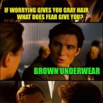 Di Caprio Inception | IF WORRYING GIVES YOU GRAY HAIR,      WHAT DOES FEAR GIVE YOU? BROWN UNDERWEAR | image tagged in di caprio inception,memes | made w/ Imgflip meme maker
