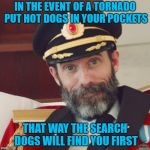 And you will have a life saving snack!!! | IN THE EVENT OF A TORNADO PUT HOT DOGS IN YOUR POCKETS THAT WAY THE SEARCH DOGS WILL FIND YOU FIRST | image tagged in captain obvious,memes,tornado,funny,hot dogs,dogs | made w/ Imgflip meme maker