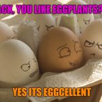 Eggs | JACK, YOU LIKE EGGPLANTS?? YES ITS EGGCELLENT | image tagged in eggs | made w/ Imgflip meme maker