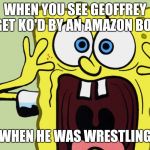 Geoffrey the giraffe did go wrestling | WHEN YOU SEE GEOFFREY GET KO'D BY AN AMAZON BOX; WHEN HE WAS WRESTLING | image tagged in screaming spongebob,geoffrey,toys r us,memes,amazon,spongebob | made w/ Imgflip meme maker