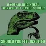 Is my nose too big?  | IF YOU HAD AN IDENTICAL TWIN WHO GOT PLASTIC SURGERY; SHOULD YOU FEEL INSULTED | image tagged in philosiraptor meme,twins,stupid humor | made w/ Imgflip meme maker