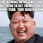 Kim Jung Un | THREATENING AN INSIGNIFICANT DICTATOR TO GET THEM TO BACK DOWN.  YEAH.  THAT REALLY WORKS. | image tagged in kim jung un | made w/ Imgflip meme maker