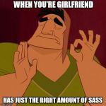 Sass is the only way to go | WHEN YOU'RE GIRLFRIEND; HAS JUST THE RIGHT AMOUNT OF SASS | image tagged in pancha | made w/ Imgflip meme maker
