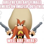 Yosemite Sam | ARE THEY'RE ANY FEMALE MEMERS ON IMGFLIP OUT THERE? WELL ARE THERE? | image tagged in yosemite sam,female memers | made w/ Imgflip meme maker