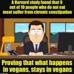 News Anchor | A Harvard study found that 9 out of 10 people who do not eat meat suffer from chronic constipation; Proving that what happens in vegans, stays in vegans | image tagged in news anchor,memes,vegan,las vegas,veganism | made w/ Imgflip meme maker