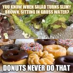 Salad Versus Donut | YOU KNOW WHEN SALAD TURNS SLIMY BROWN, SITTING IN GROSS WATER? DONUTS NEVER DO THAT | image tagged in donut,salad,food,healthy | made w/ Imgflip meme maker