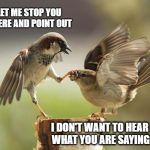 Birds shut up | LET ME STOP YOU THERE AND POINT OUT; I DON'T WANT TO HEAR WHAT YOU ARE SAYING | image tagged in birds shut up,hear no evil,i don't care,don't do it,jack sparrow you have heard of me,can you hear me now | made w/ Imgflip meme maker