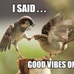 Birds shut up | I SAID . . . GOOD VIBES ONLY | image tagged in birds shut up,good vibes,upvotes only,what if i told you,what do we want,positive thinking | made w/ Imgflip meme maker