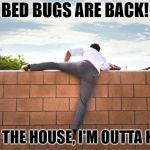 Running Away from Bed Bugs | BED BUGS ARE BACK! KEEP THE HOUSE, I'M OUTTA HERE! | image tagged in run away,bed bugs,leaving,climbing,get outta here | made w/ Imgflip meme maker