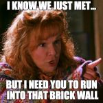 we just met
 | I KNOW WE JUST MET... BUT I NEED YOU TO RUN INTO THAT BRICK WALL | image tagged in yelling mrs weasley | made w/ Imgflip meme maker