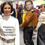 If you don't upvote me, then you're my enemy | don't make me kill you! Peace, justice and security to my new empire; Allegiance to the Republic, to Democracy! | image tagged in distracted boyfriend star wars,memes,star wars prequels | made w/ Imgflip meme maker