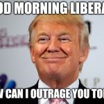 Donald trump approves | GOOD MORNING LIBERALS; HOW CAN I OUTRAGE YOU TODAY | image tagged in donald trump approves | made w/ Imgflip meme maker