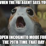 porgs | WHEN THE FBI AGENT SEES YOU; OPEN INCOGNITO MODE FOR THE 79TH TIME THAT DAY | image tagged in porgs | made w/ Imgflip meme maker
