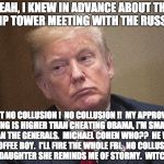 Trump Unhappy | YEAH, I KNEW IN ADVANCE ABOUT THE TRUMP TOWER MEETING WITH THE RUSSIANS. BUT NO COLLUSION !  NO COLLUSION !!  MY APPROVAL RATING IS HIGHER THAN CHEATING OBAMA, I'M SMARTER THAN THE GENERALS.  MICHAEL COHEN WHO??  HE WAS A COFFEE BOY.  I'LL FIRE THE WHOLE FBI.  NO COLLUSION!  ASK MY DAUGHTER SHE REMINDS ME OF STORMY.  WITCH HUNT !! | image tagged in trump unhappy | made w/ Imgflip meme maker