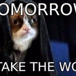 Emperor Grumpy Cat Palpatine | TOMORROW; I'LL TAKE THE WORLD | image tagged in emperor grumpy cat palpatine | made w/ Imgflip meme maker