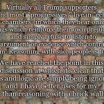 Brick wall | Virtually all Trump supporters, and most  "progressives," live in "echo chambers" in which they hear only things which reinforce their own prejudices and simply refuse to listen to any argument or evidence which contradicts them. Reasoning with such people is futile. We have reached the point in this discussion at which it's clear that facts and logic are simply being ignored, and I have better uses for my time than reasoning with a brick wall. | image tagged in brick wall | made w/ Imgflip meme maker