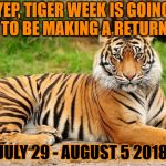 Announcing . . . TIGER WEEK 2018!! A TigerLegend1046 event. Details in the comments | YEP, TIGER WEEK IS GOING TO BE MAKING A RETURN; JULY 29 - AUGUST 5 2018 | image tagged in memes,tiger,tiger week,tiger week 2018,tigerlegend1046,return | made w/ Imgflip meme maker