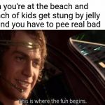 This is Where the Fun Begins | When you're at the beach and a bunch of kids get stung by jelly fish and you have to pee real bad | image tagged in this is where the fun begins | made w/ Imgflip meme maker