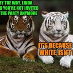 Tiger Week Jul 29 - Aug 5, A TigerLegend1046 event | BY THE WAY, LINDA SAID YOU'RE NOT INVITED TO THE PARTY ANYMORE; IT'S BECAUSE I'M WHITE, ISN'T IT? | image tagged in two tigers,memes,tiger week,tiger week 2018,tigerlegend1046 | made w/ Imgflip meme maker