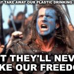 They may take away our plastic drinking straws, but they will never take our freedom! | THEY MAY TAKE AWAY OUR PLASTIC DRINKING STRAWS, BUT THEY'LL NEVER TAKE OUR FREEDOM! | image tagged in mel gibson braveheart,plastic drinking straws,straws,freedom,mel gibson,braveheart | made w/ Imgflip meme maker