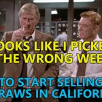 He sucks at picking the right week... :) | LOOKS LIKE I PICKED THE WRONG WEEK; TO START SELLING STRAWS IN CALIFORNIA | image tagged in airplane wrong week,memes,straws,movies,airplane | made w/ Imgflip meme maker