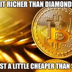 Bitcoin | IS IT RICHER THAN DIAMONDS? OR JUST A LITTLE CHEAPER THAN SPIT? | image tagged in bitcoin | made w/ Imgflip meme maker