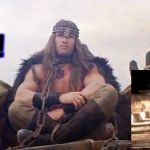 Conan the barbarian waits | BRINGS PEACE. BORN OF WAR! | image tagged in conan the barbarian waits | made w/ Imgflip meme maker