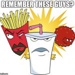 Aqua Teen Hunger Force | REMEMBER THESE GUYS? | image tagged in aqua teen hunger force,nostalgia,master shake,frylock,meatwad,memes | made w/ Imgflip meme maker