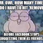 Tootsie Roll Owl | MR. OWL, HOW MANY TIMES DO I HAVE TO HIT 'REMOVE'; BEFORE FACEBOOK STOPS SUGGESTING THEM AS FRIENDS? | image tagged in tootsie roll owl | made w/ Imgflip meme maker